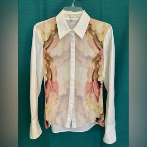 Escada White Print Button Down Blouse